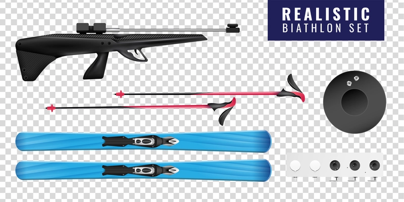 Colored realistic biathlon transparent horizontal icon set with ski gun and target vector illustration