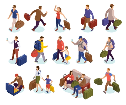 Travel people isolated icons set of characters with luggages waiting hurrying to land meeting arriving passengers isometric vector illustration