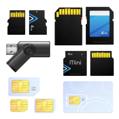 Isolated realistic memory card sim icon set with different types for different tech vector Illustration
