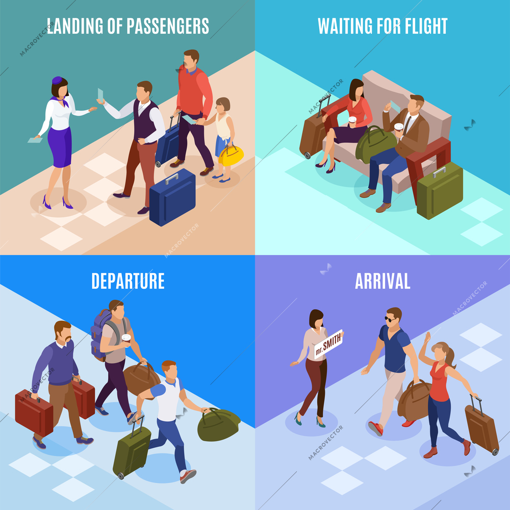 Travel people 2x2 design concept set of square icons illustrated arrival departure landing of passengers isometric vector illustration