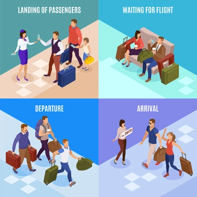 Travel people 2x2 design concept set of square icons illustrated arrival departure landing of passengers isometric vector illustration