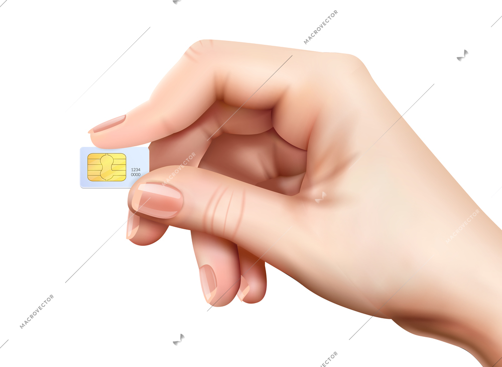 Realistic sim card hand composition with little plastic card in hands on white background vector illustration