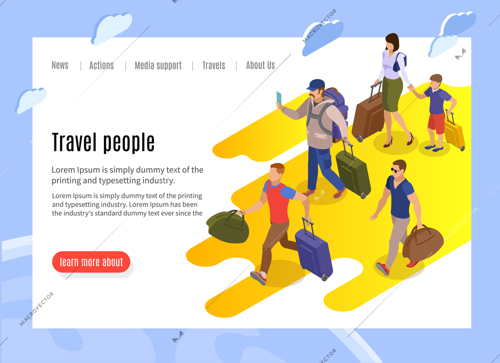 Travel people landing page with text information and isometric vector illustration of tardy passengers with baggage running to terminal