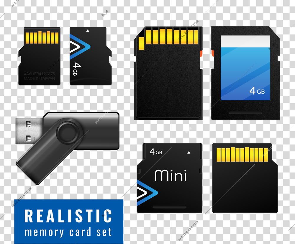 Realistic memory card transparent icon set with black isolated squares on white background vector illustration