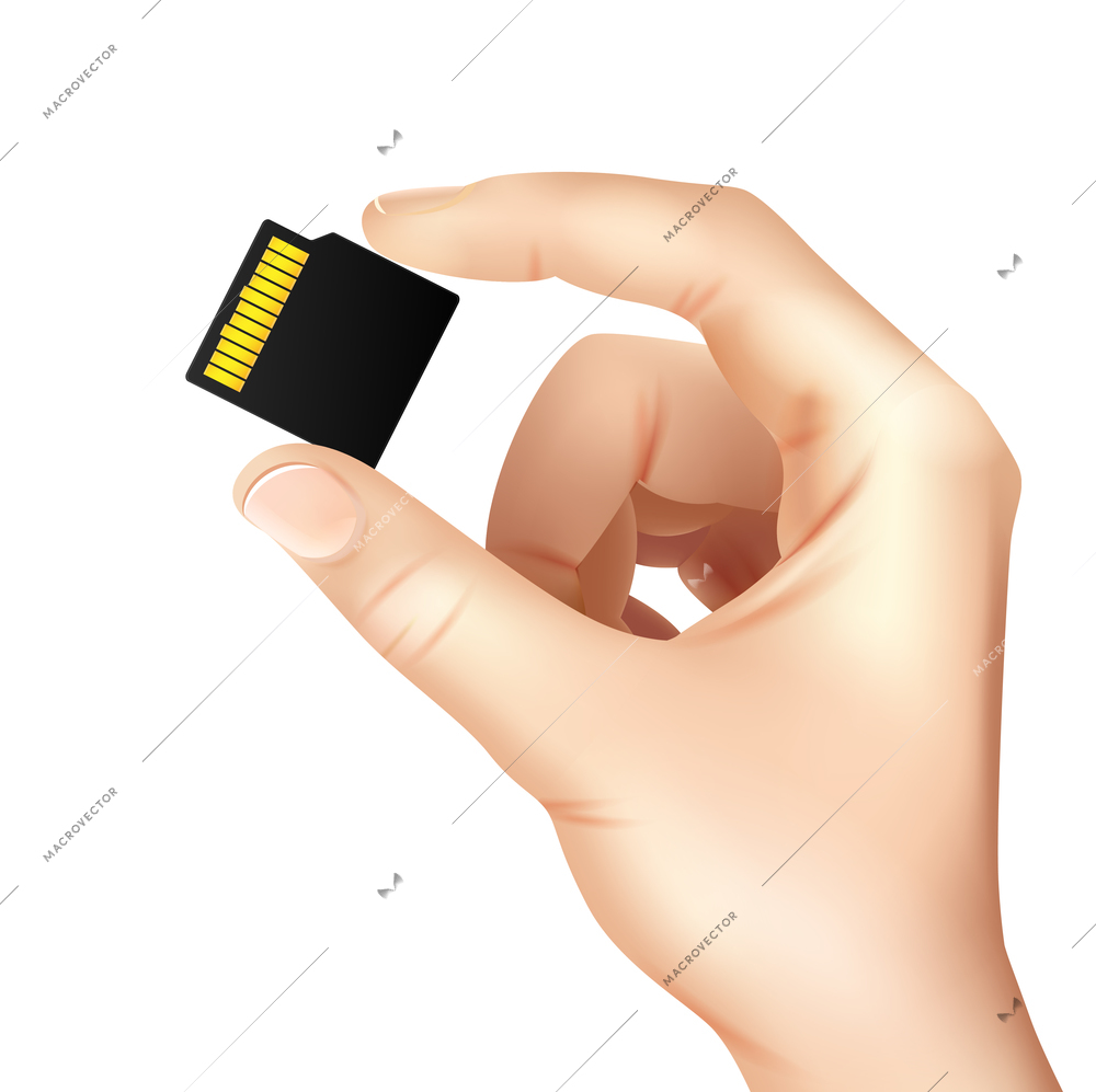 Realistic memory card sim in hands composition man with a card in his hand vector illustration