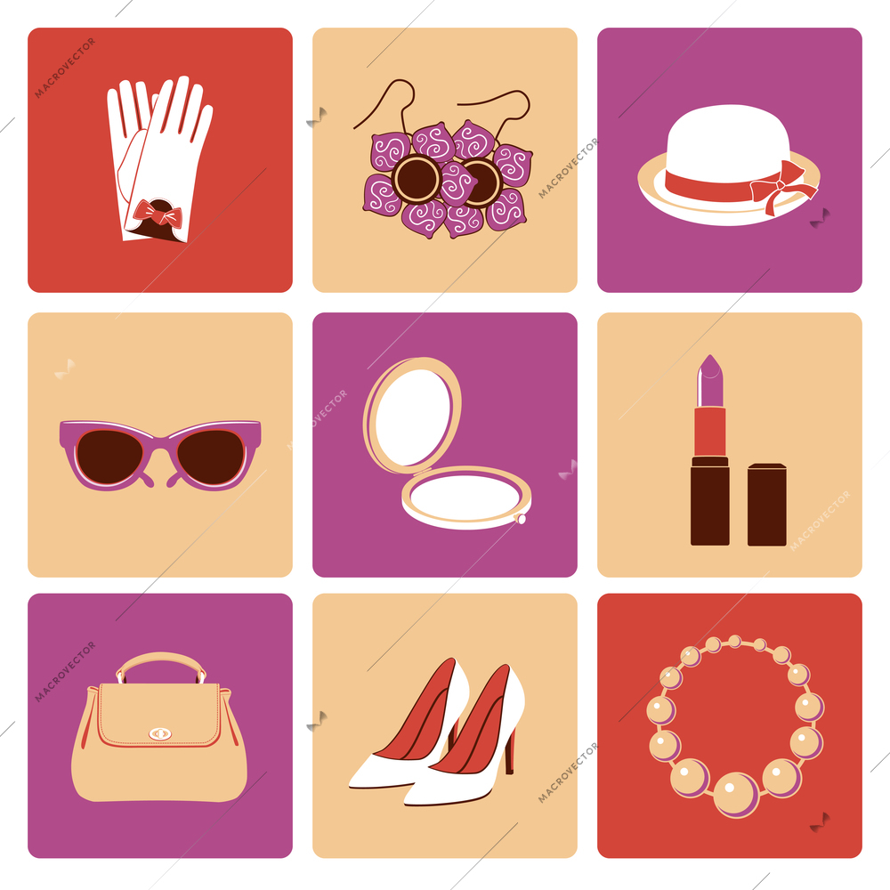 Woman fashion stylish casual shopping accessory collection flat icons set isolated vector illustration