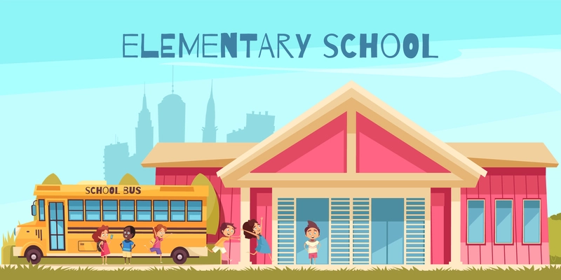 Building of elementary school yellow bus and cheerful pupils on blue sky background cartoon vector illustration