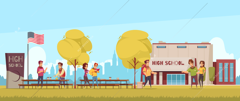 High school territory with educational building students during communication on blue sky background cartoon vector illustration