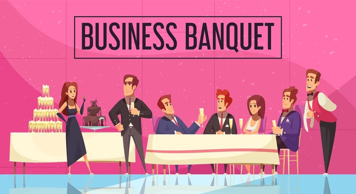 Business banquet with communication of staff and guests of company on pink wall background cartoon vector illustration