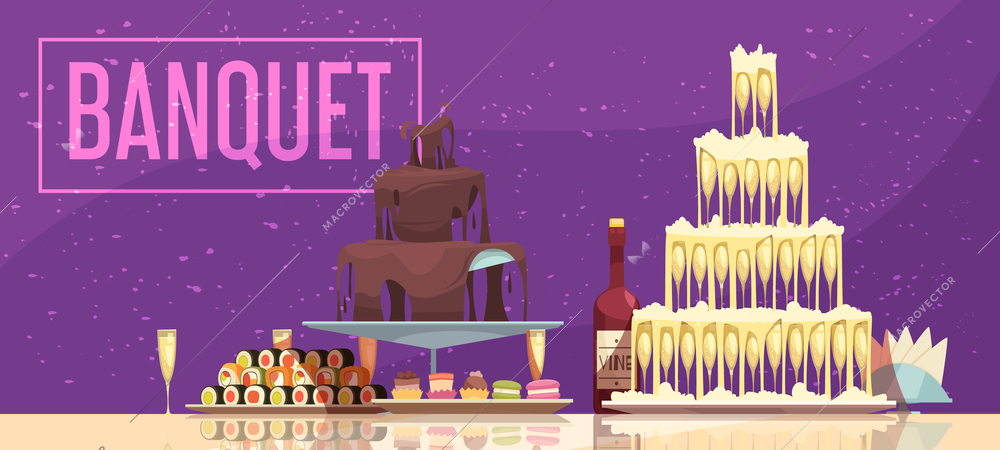 Banquet horizontal banner festive table with wine bottle and glasses sweets and snacks purple background vector illustration