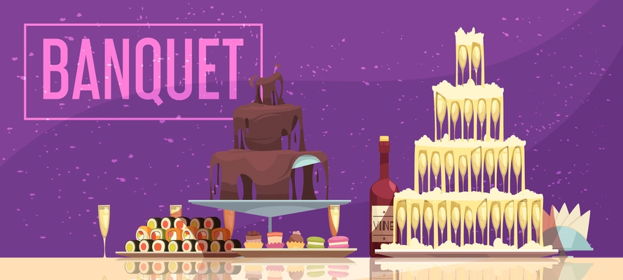 Banquet horizontal banner festive table with wine bottle and glasses sweets and snacks purple background vector illustration