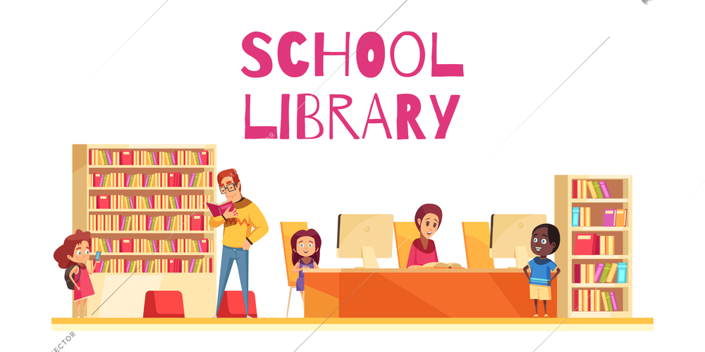 School library with students book cases and computers on white background cartoon vector illustration