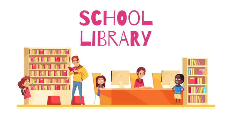School library with students book cases and computers on white background cartoon vector illustration