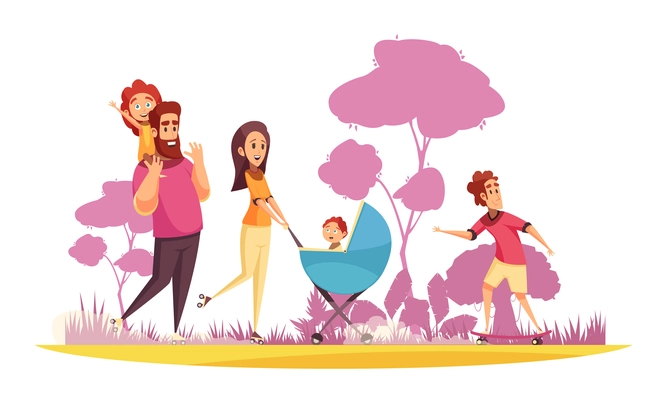 Family active holidays parents with kids during summer stroll on background of trees silhouettes cartoon vector illustration