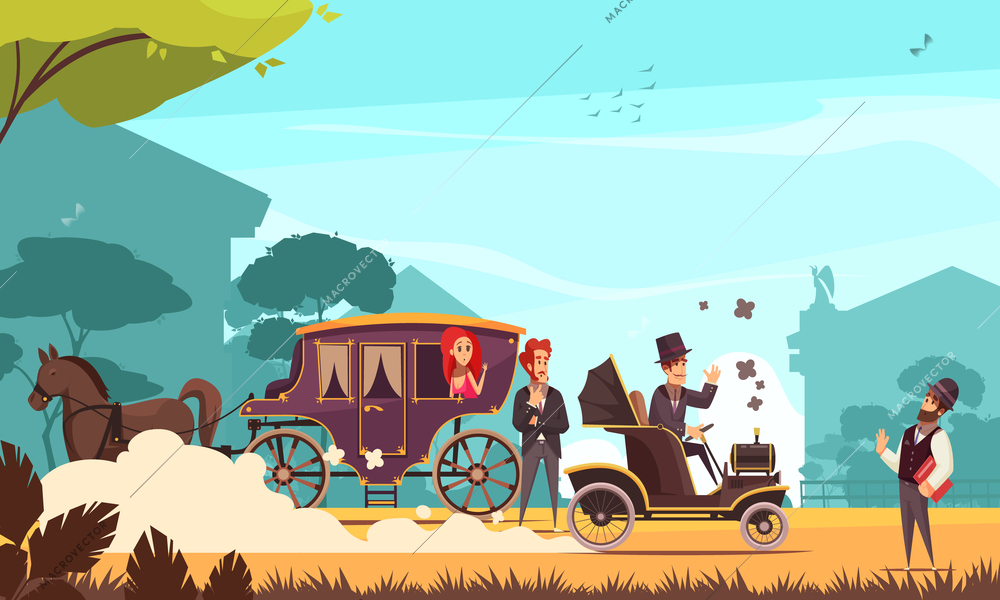 Human characters and old ground transportation horse carriage and ancient car on combustion engine cartoon vector illustration