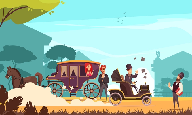 Human characters and old ground transportation horse carriage and ancient car on combustion engine cartoon vector illustration