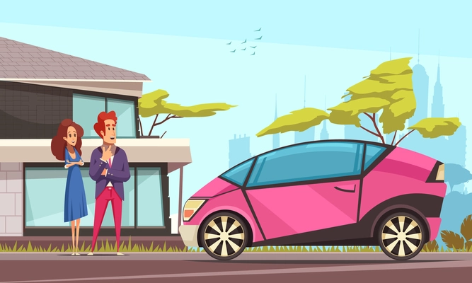 Modern ground transportation young couple near house and pink car parked on street cartoon vector illustration