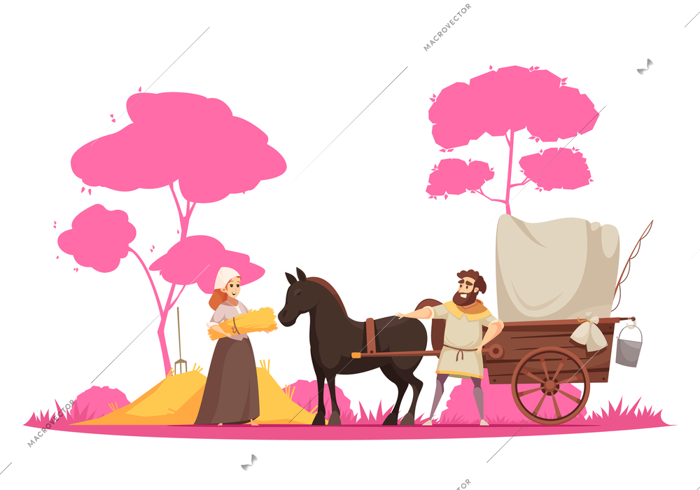 Human characters and ancient rural ground transportation horse with cart on trees background cartoon vector illustration