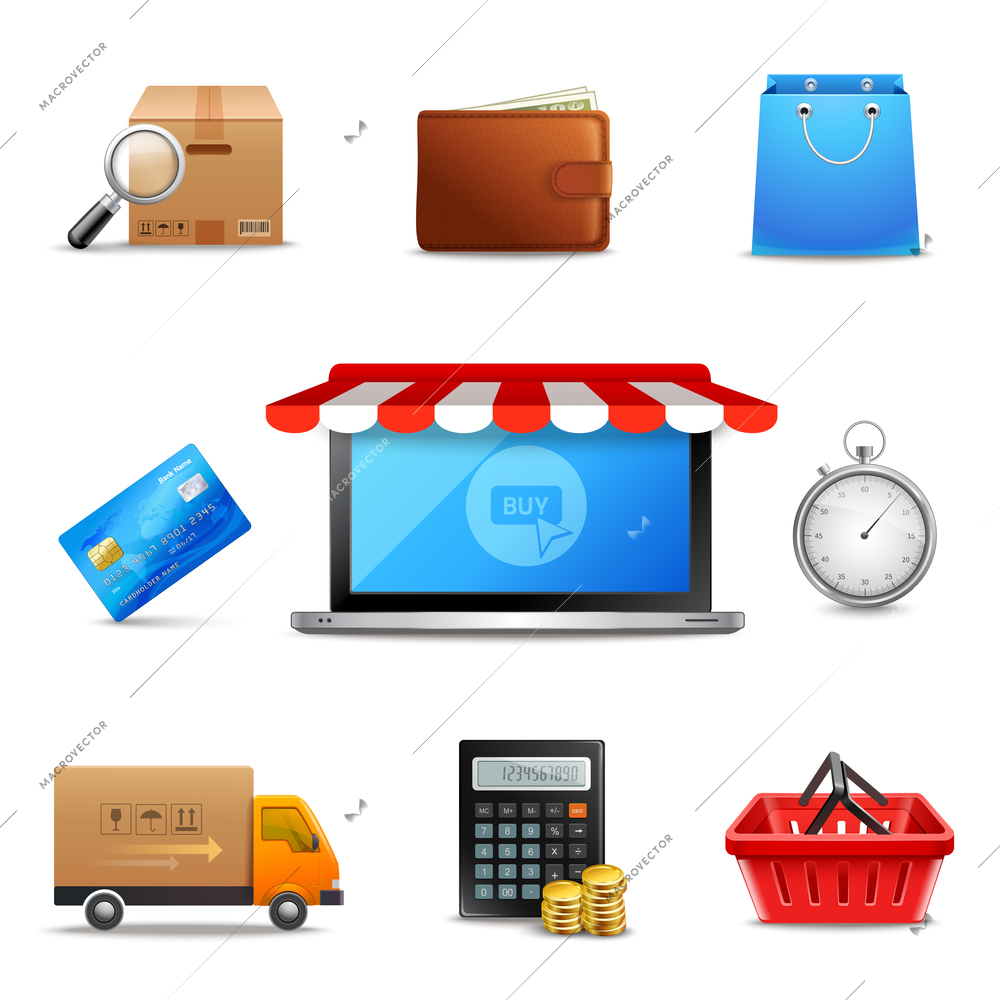 Realistic online shopping delivery and c-commerce icons set isolated vector illustration.