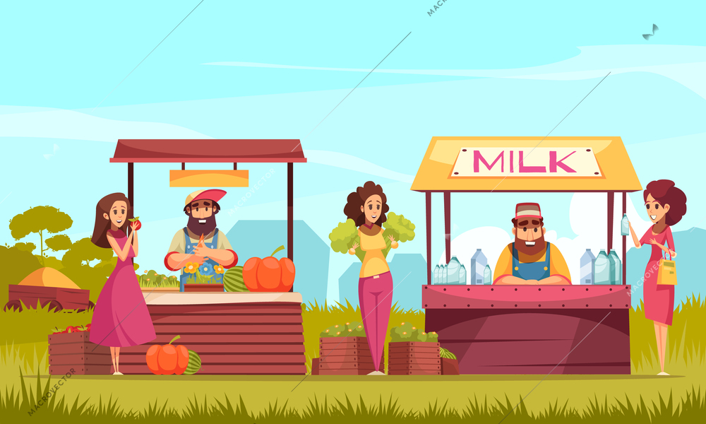 Human characters and products of gardening at farm market counters on blue sky background cartoon vector illustration