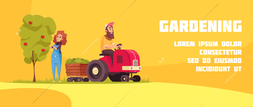 Gardening horizontal banner with farmers during fruits harvesting on yellow background cartoon vector illustration