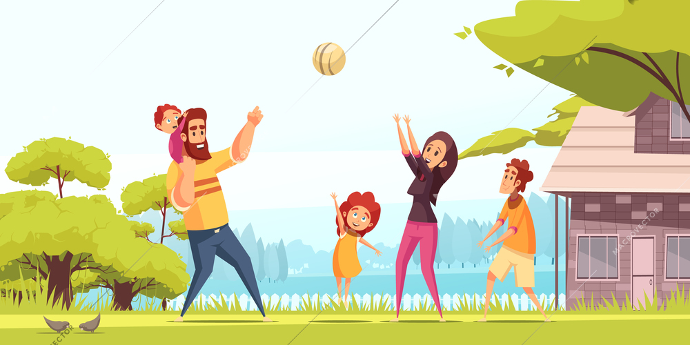 Family active holidays happy parents with kids during playing ball at summer outdoors cartoon vector illustration