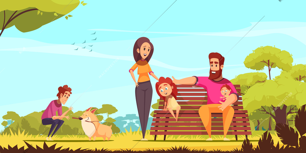 Family active holidays parents kids and dog in summer park on blue sky background cartoon vector illustration