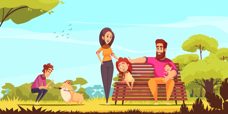 Family active holidays parents kids and dog in summer park on blue sky background cartoon vector illustration