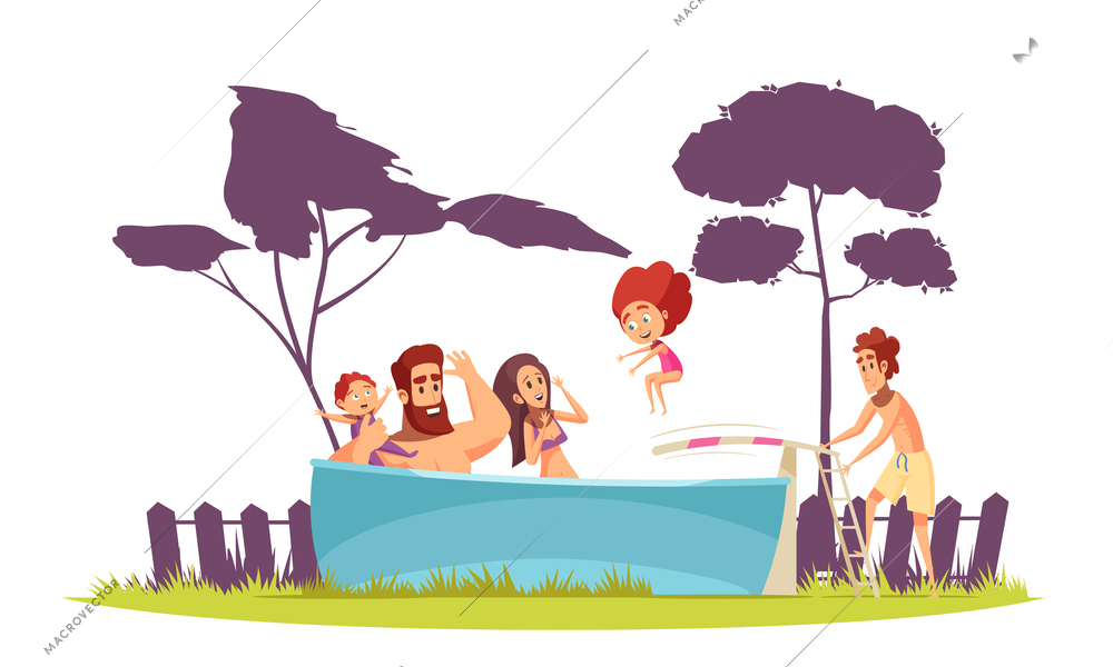 Family active summer holidays parents and kids in pool with diving board cartoon vector illustration