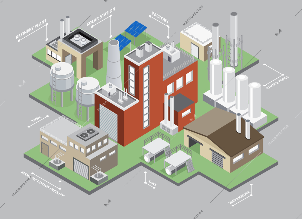 Industrial buildings isometric infographic set with factory and warehouse vector illustration