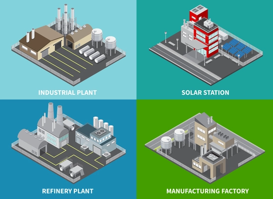 Industrial buildings concept icons set with refinery plant and solar station isometric isolated vector illustration