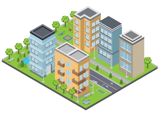 Suburbia buildings composition with lawns apartments and streets isometric vector illustration