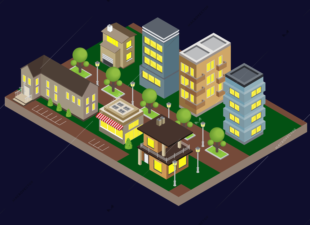 Suburbia evening buildings with town houses and apartments isometric vector illustration