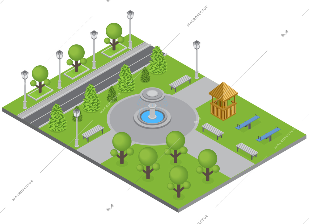 City park with trees fountain and sports ground isometric vector illustration