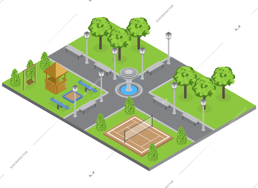 Suburbia park with trees lawn and sports ground isometric vector illustration