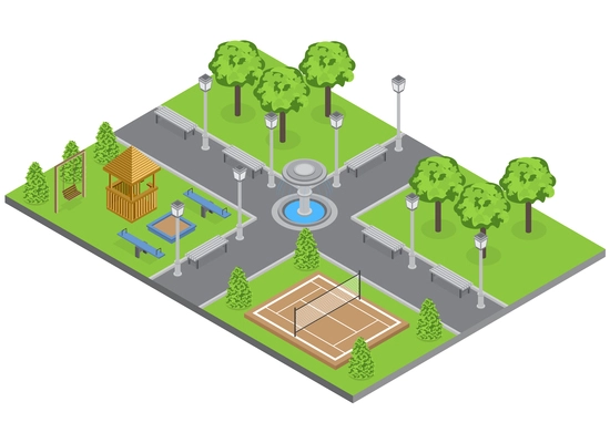 Suburbia park with trees lawn and sports ground isometric vector illustration