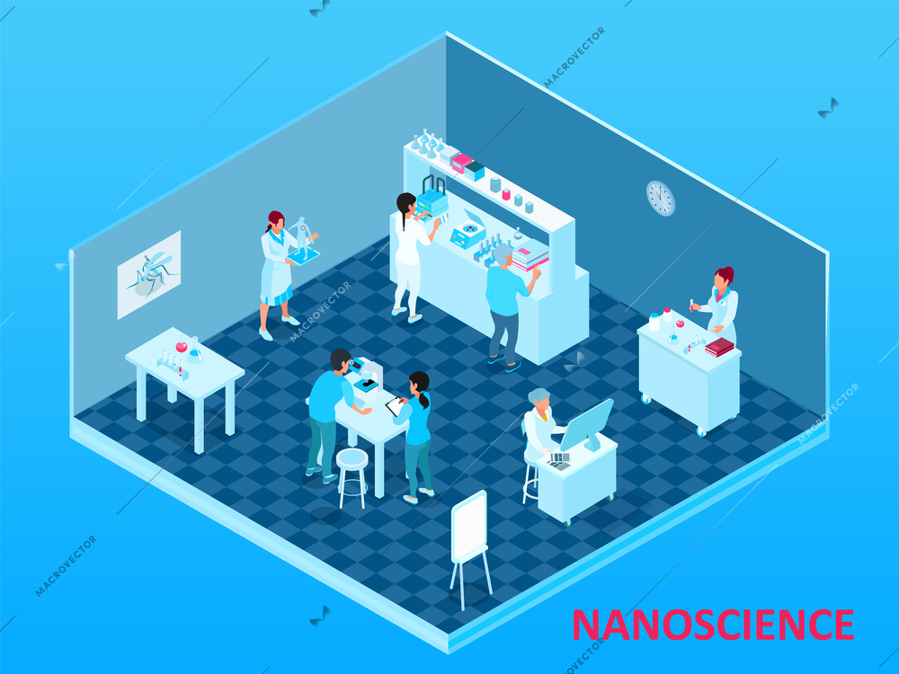 Colored isometric nanotechnology composition with isolated laboratory room with scientists and equipment vector illustration