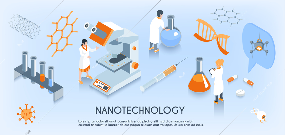 Colored isometric nanotechnology horizontal composition with scientist work in the laboratory vector illustration