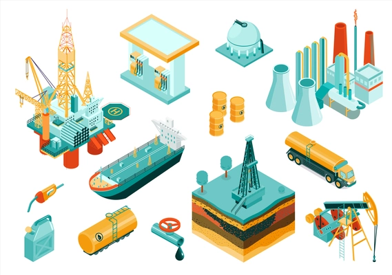 Isolated and isometric oil industry icon set with different elements and equipment describing the industry vector illustration