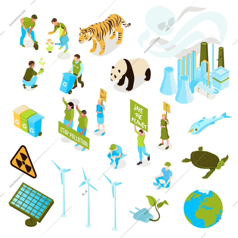 Isolated and isometric ecology pollution icon set with ways to save the planet flora and fauna vector illustration