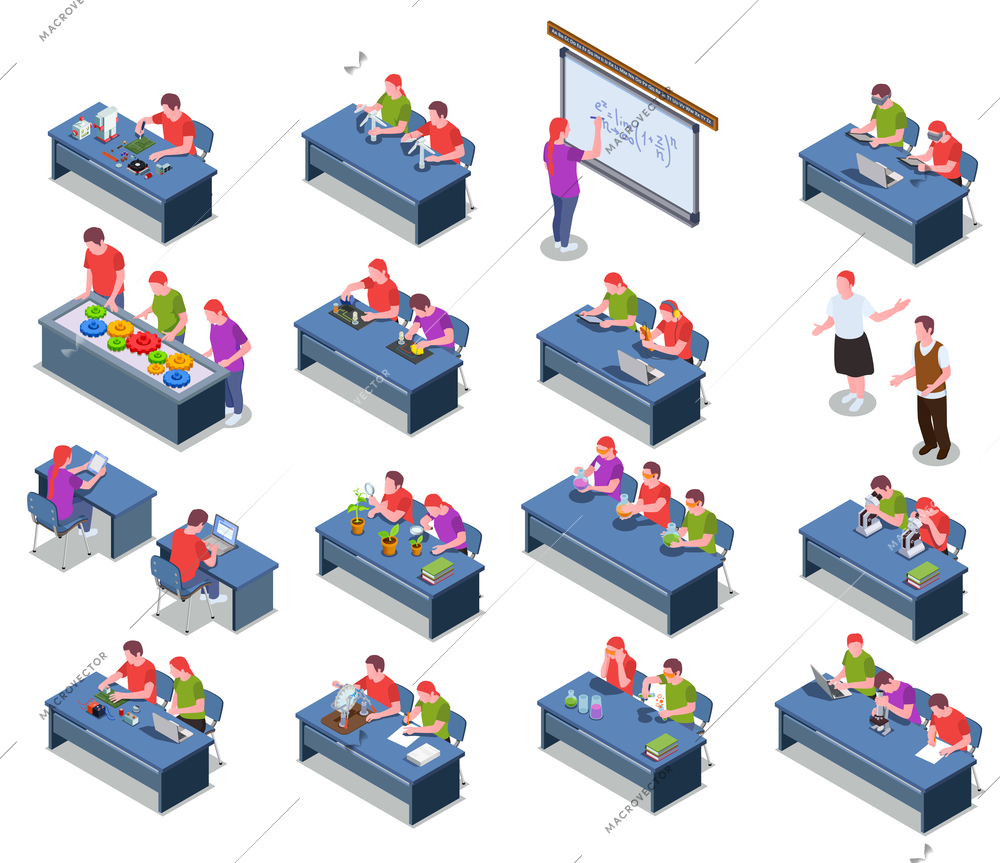 STEM education isometric icons collection with isolated images of desks with sitting student characters and equipment vector illustration