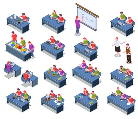 STEM education isometric icons collection with isolated images of desks with sitting student characters and equipment vector illustration