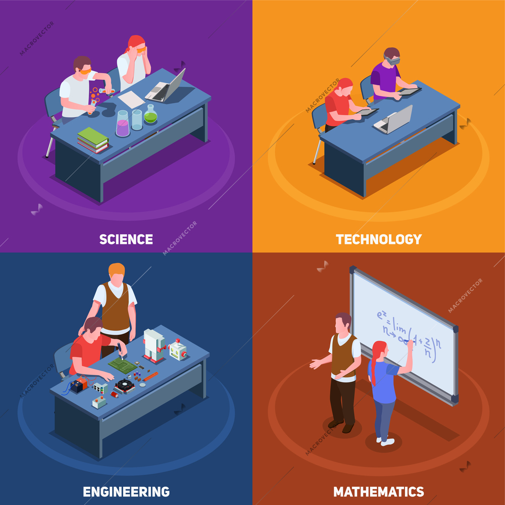 STEM education isometric 2x2 design concept with various situations involving students and teachers with text captions vector illustration