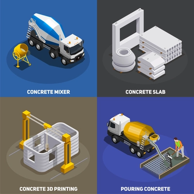 Concrete production isometric 2x2 design concept with transport cement mixing units and industrial facilities with text vector illustration