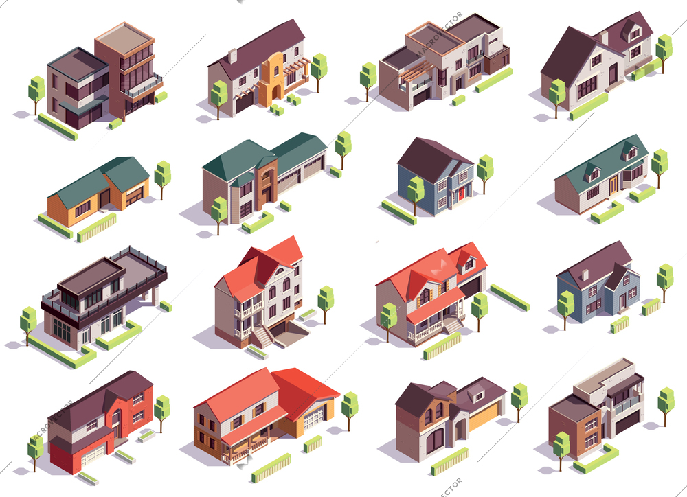 Suburbian buildings isometric composition with sixteen isolated images of modern residential houses with garages and trees vector illustration