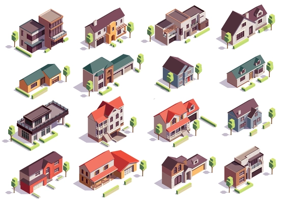 Suburbian buildings isometric composition with sixteen isolated images of modern residential houses with garages and trees vector illustration