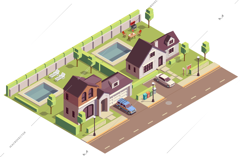 Suburbian buildings isometric composition with outdoor view of two neighbourhood areas with villas and residential yards vector illustration