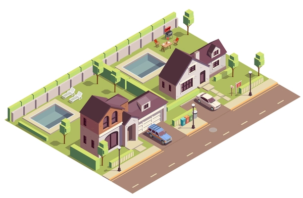 Suburbian buildings isometric composition with outdoor view of two neighbourhood areas with villas and residential yards vector illustration