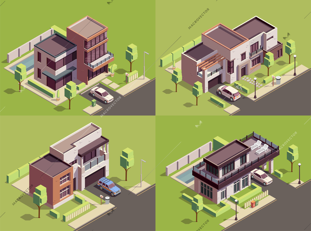 Suburbian buildings isometric 2x2 compositions set with four landmarks residential yards landscapes with modern villa houses vector illustration