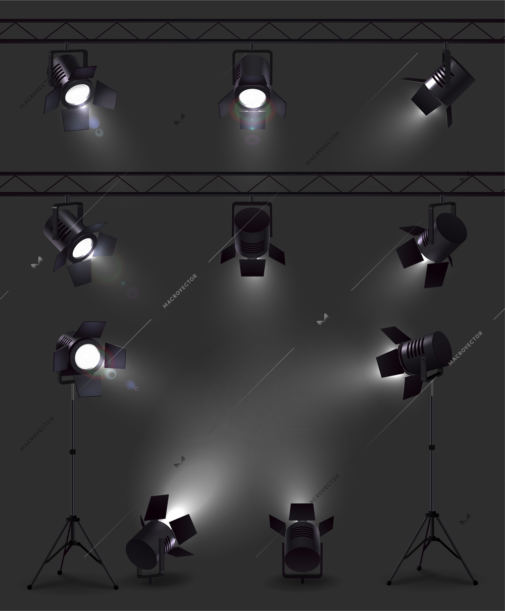 Spotlights set of realistic images with glowing spot lights from different angles with stands and reels vector illustration